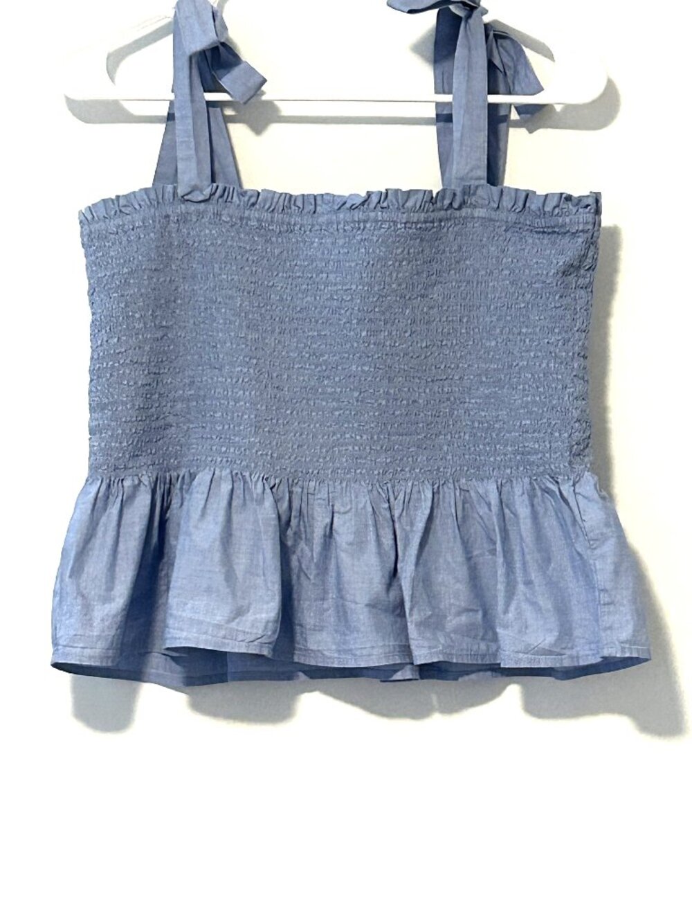 J Crew blue smocked ruffled crop top, size large